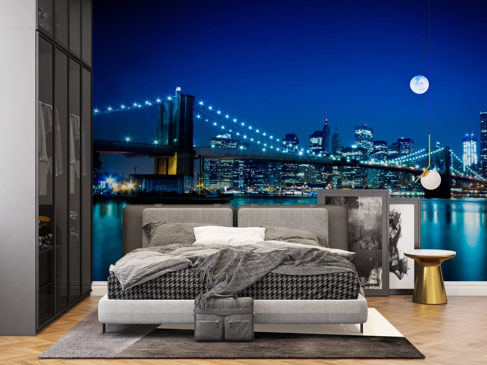 Papier peint pont de brooklyn illuminé par le clair de lune nocturne