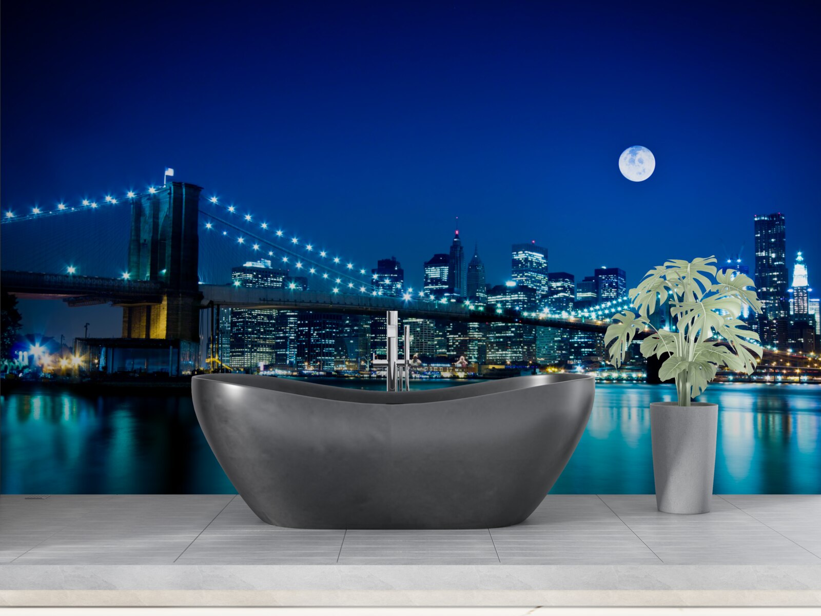 Papier peint pont de brooklyn illuminé par le clair de lune nocturne