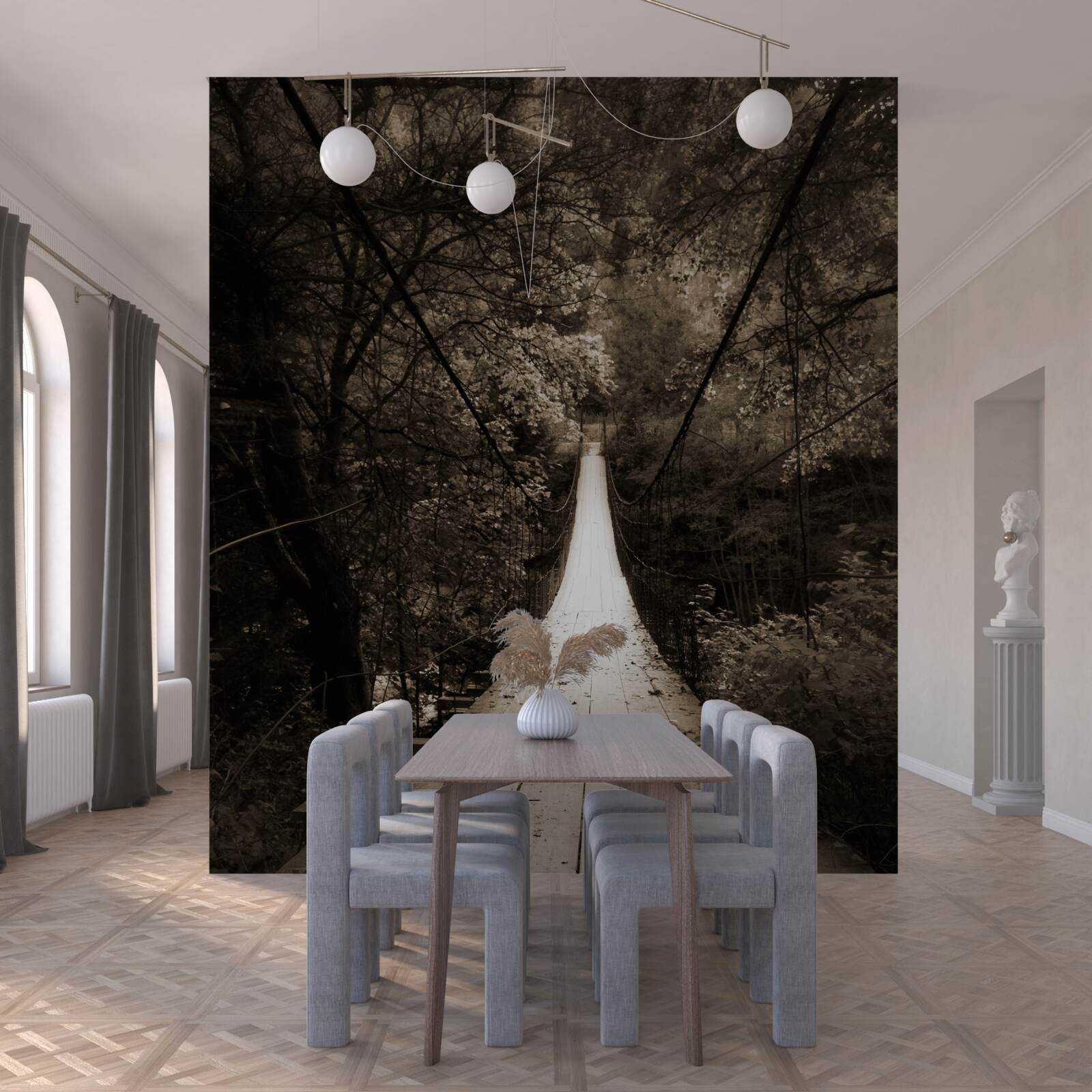 Papier peint pont en bois reliant l'étang à la forêt