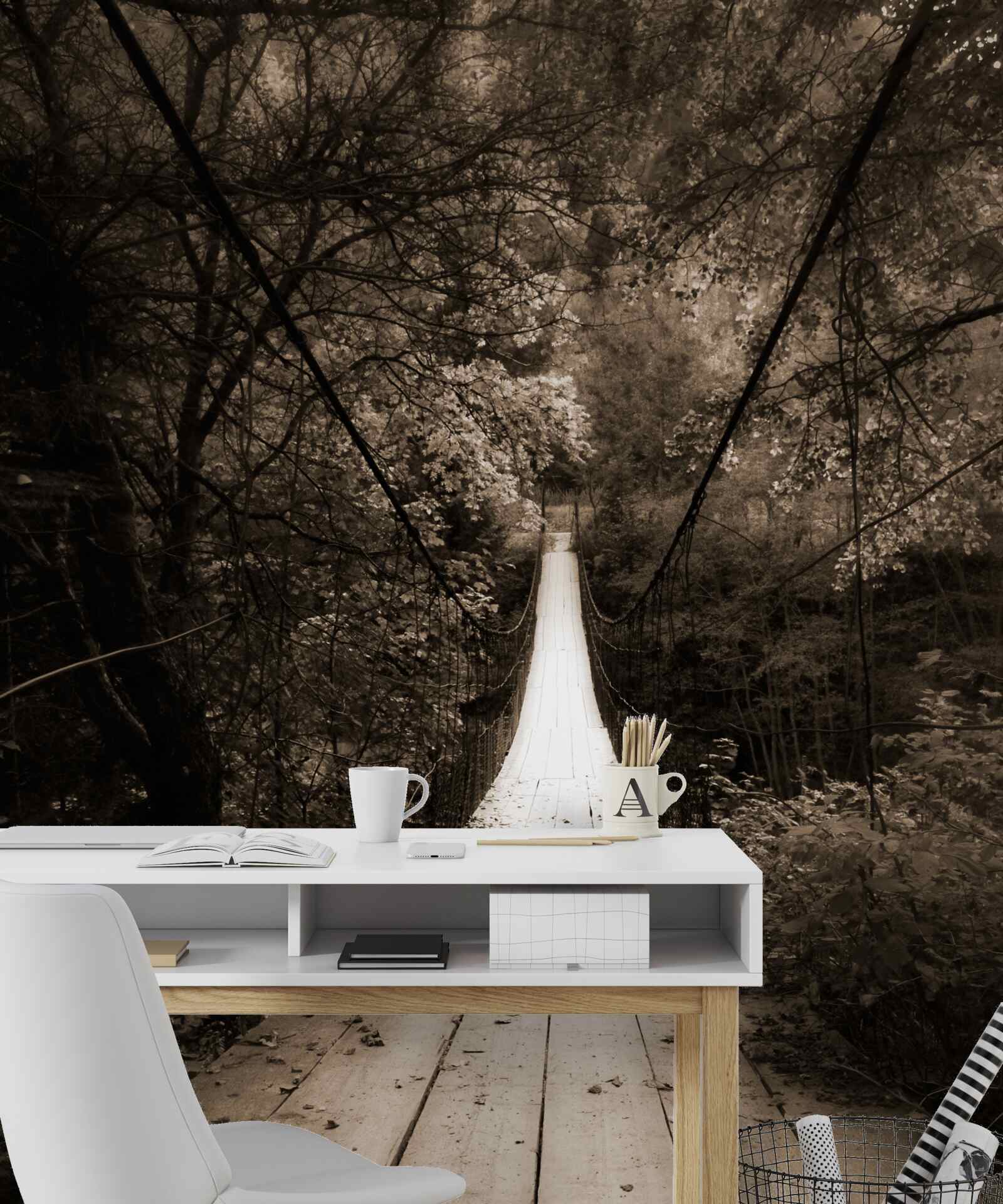 Papier peint pont en bois reliant l'étang à la forêt