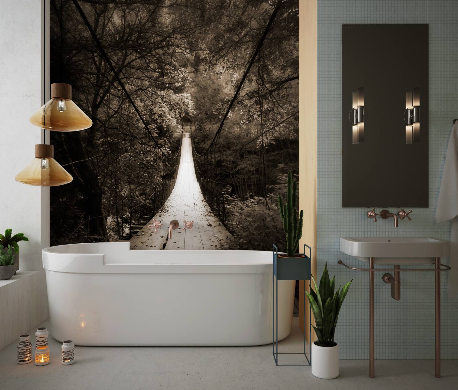 Papier peint pont en bois reliant l'étang à la forêt