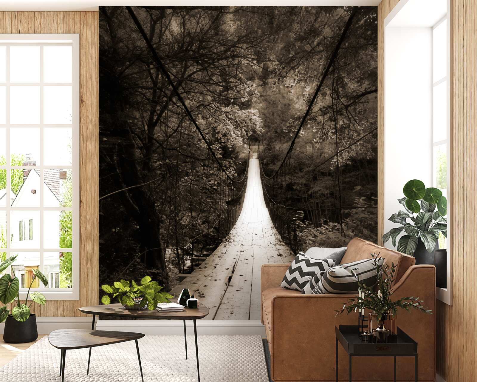 Papier peint pont en bois reliant l'étang à la forêt