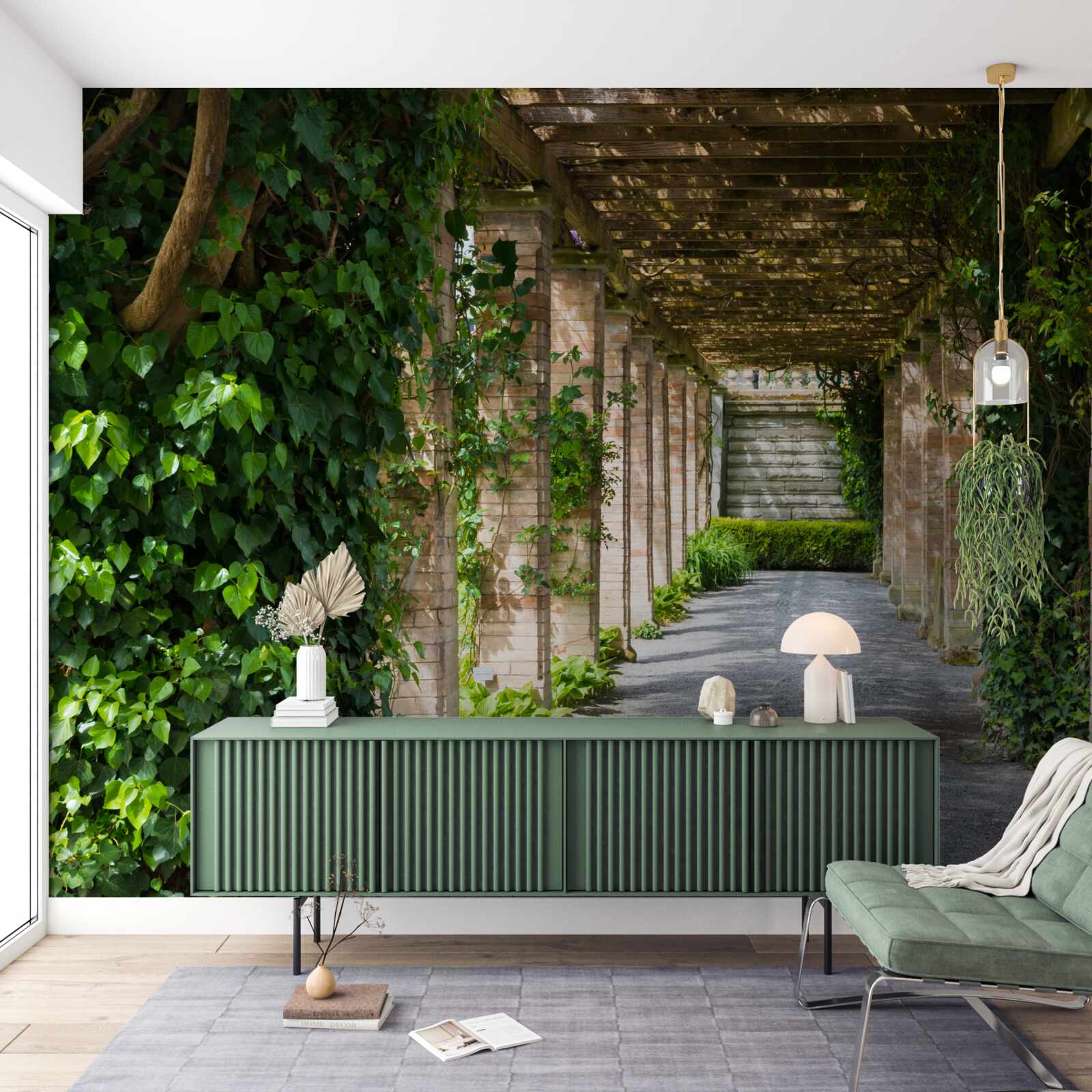 Papier peint fascinant tunnel brun entouré de plantes vertes