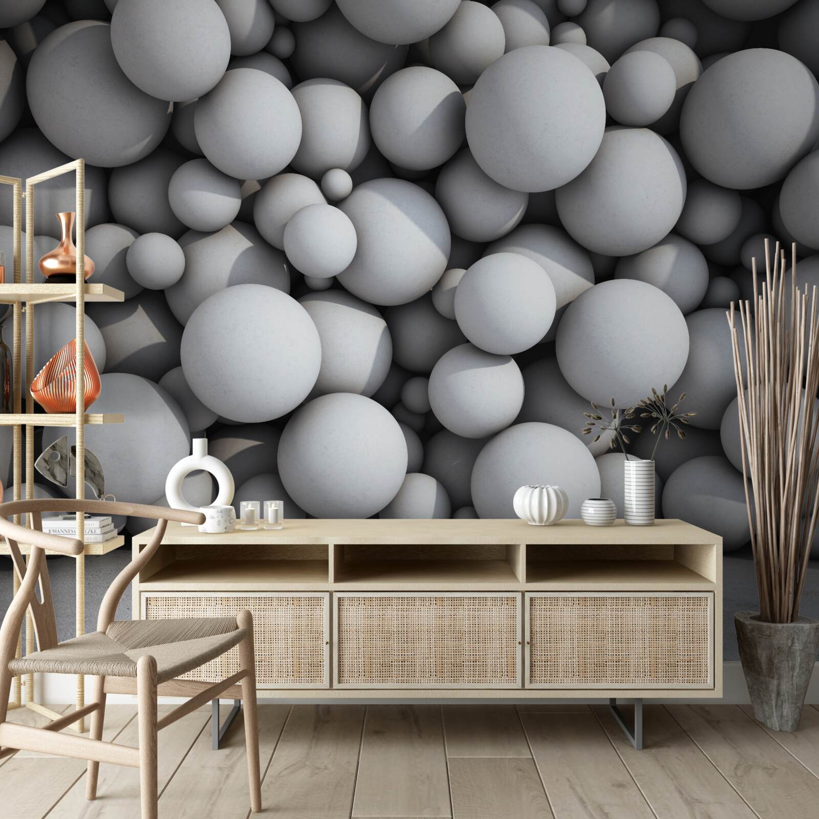 Papier peint une barrière de boules argentées flottant dans l'air