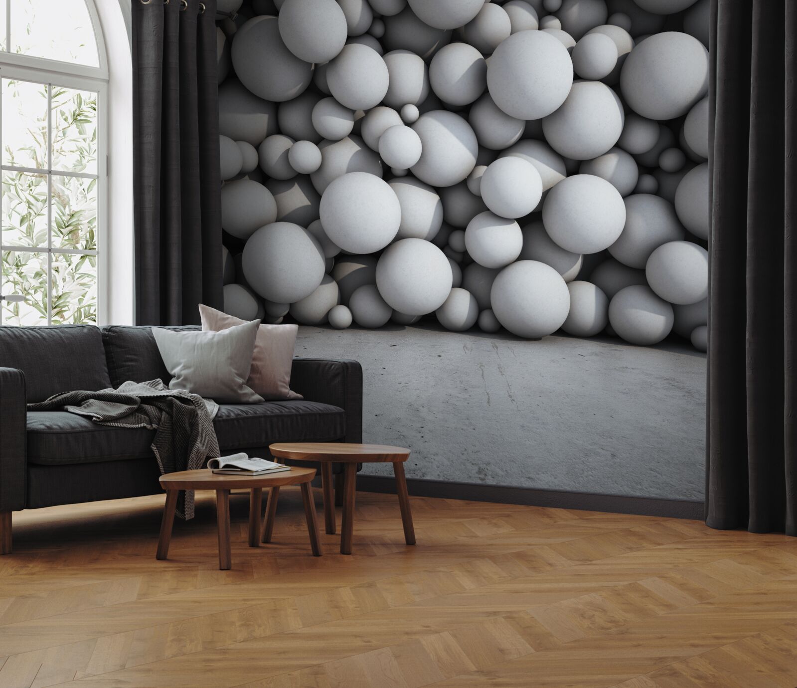 Papier peint une barrière de boules argentées flottant dans l'air