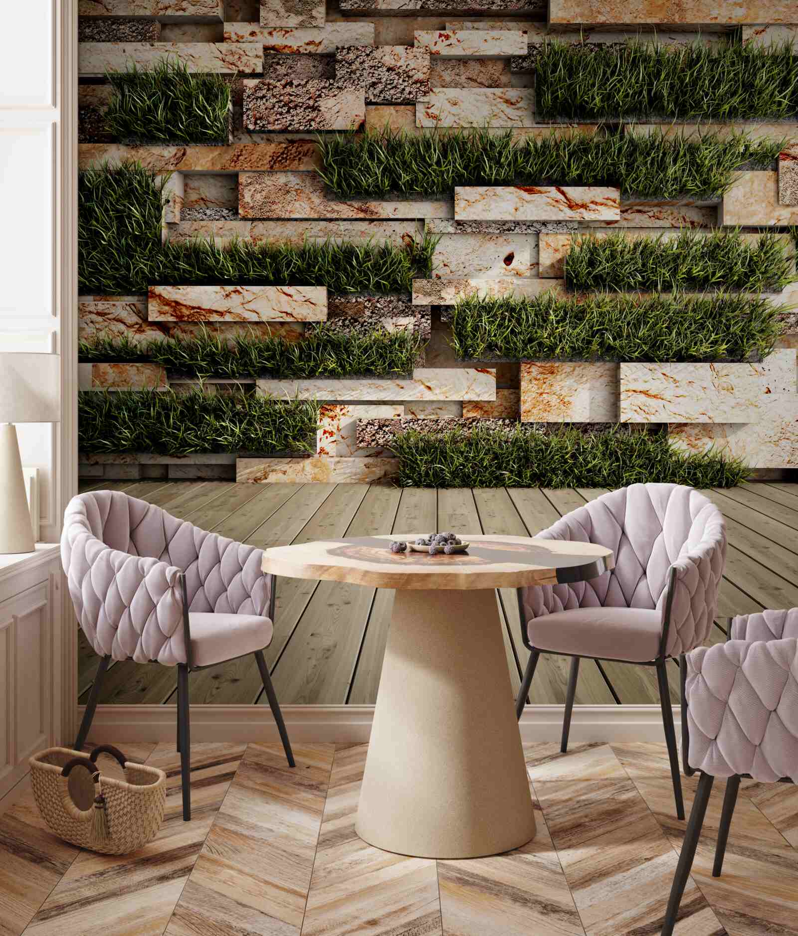 Papier peint mur en pierre décoré de plantes vertes