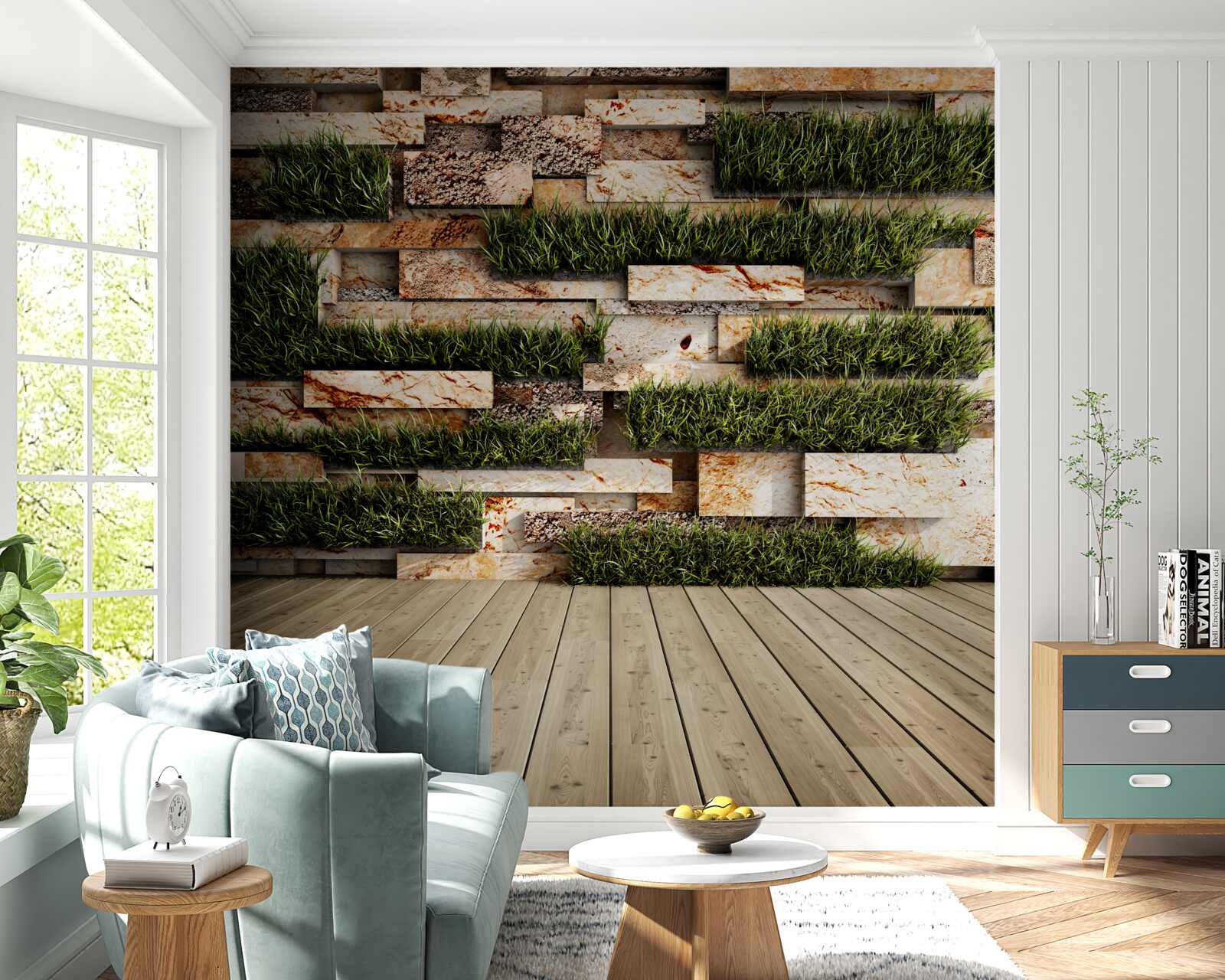 Papier peint mur en pierre décoré de plantes vertes