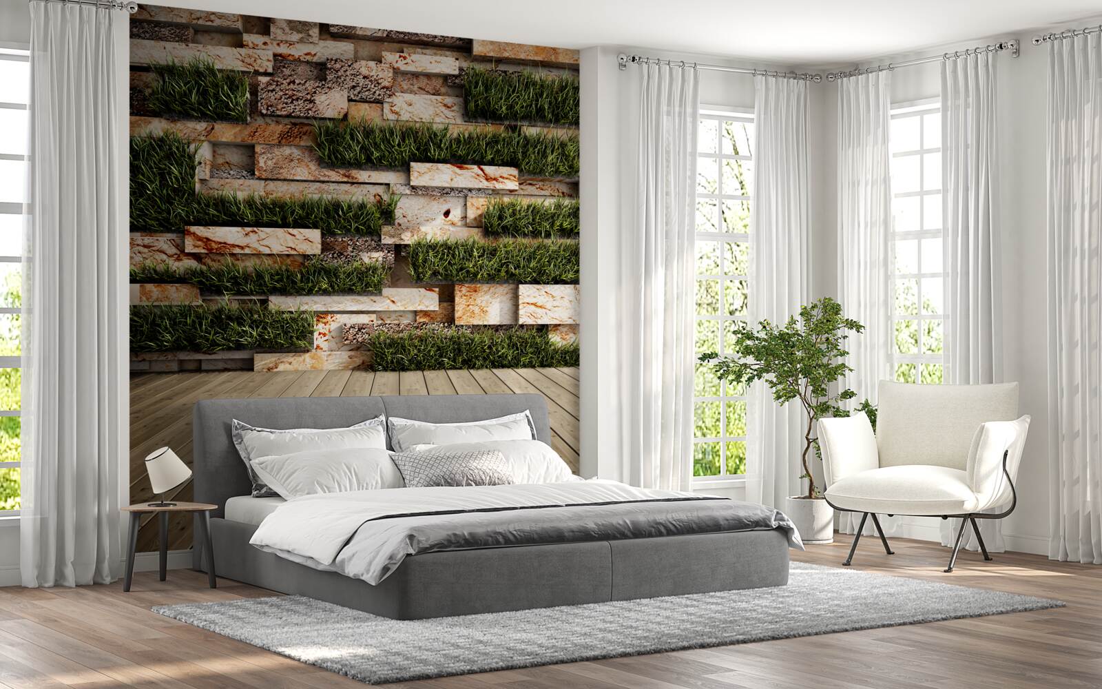 Papier peint mur en pierre décoré de plantes vertes