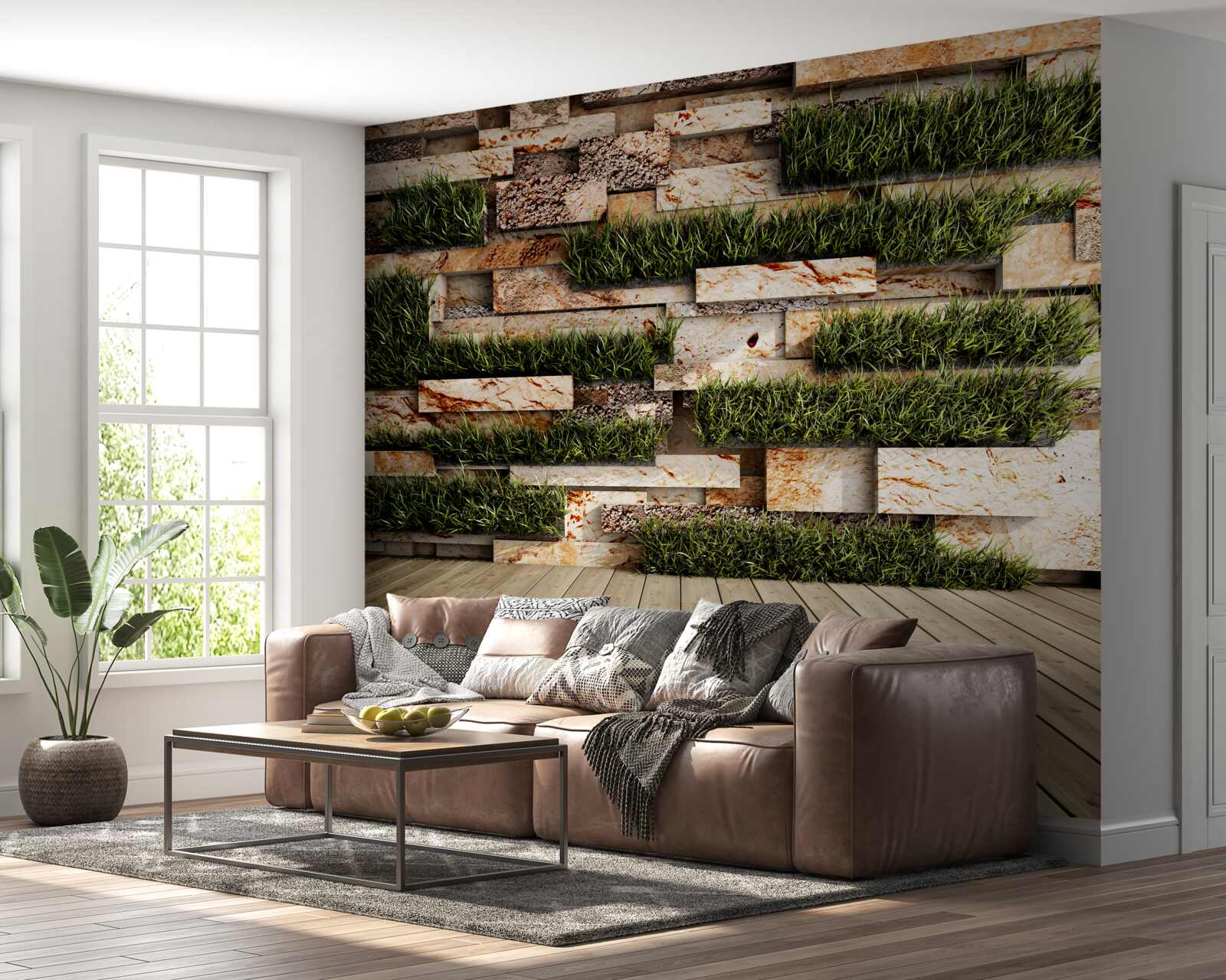 Papier peint mur en pierre décoré de plantes vertes