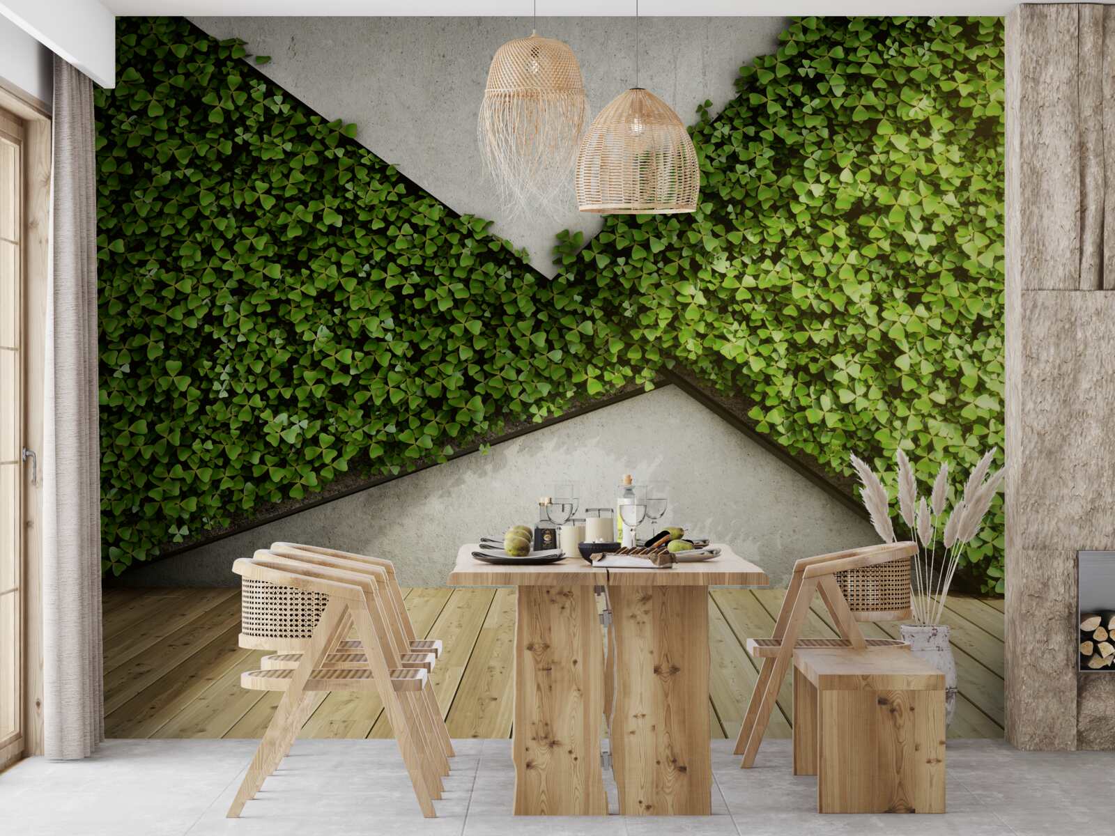 Papier peint parquet et murs décorés de plantes vivantes