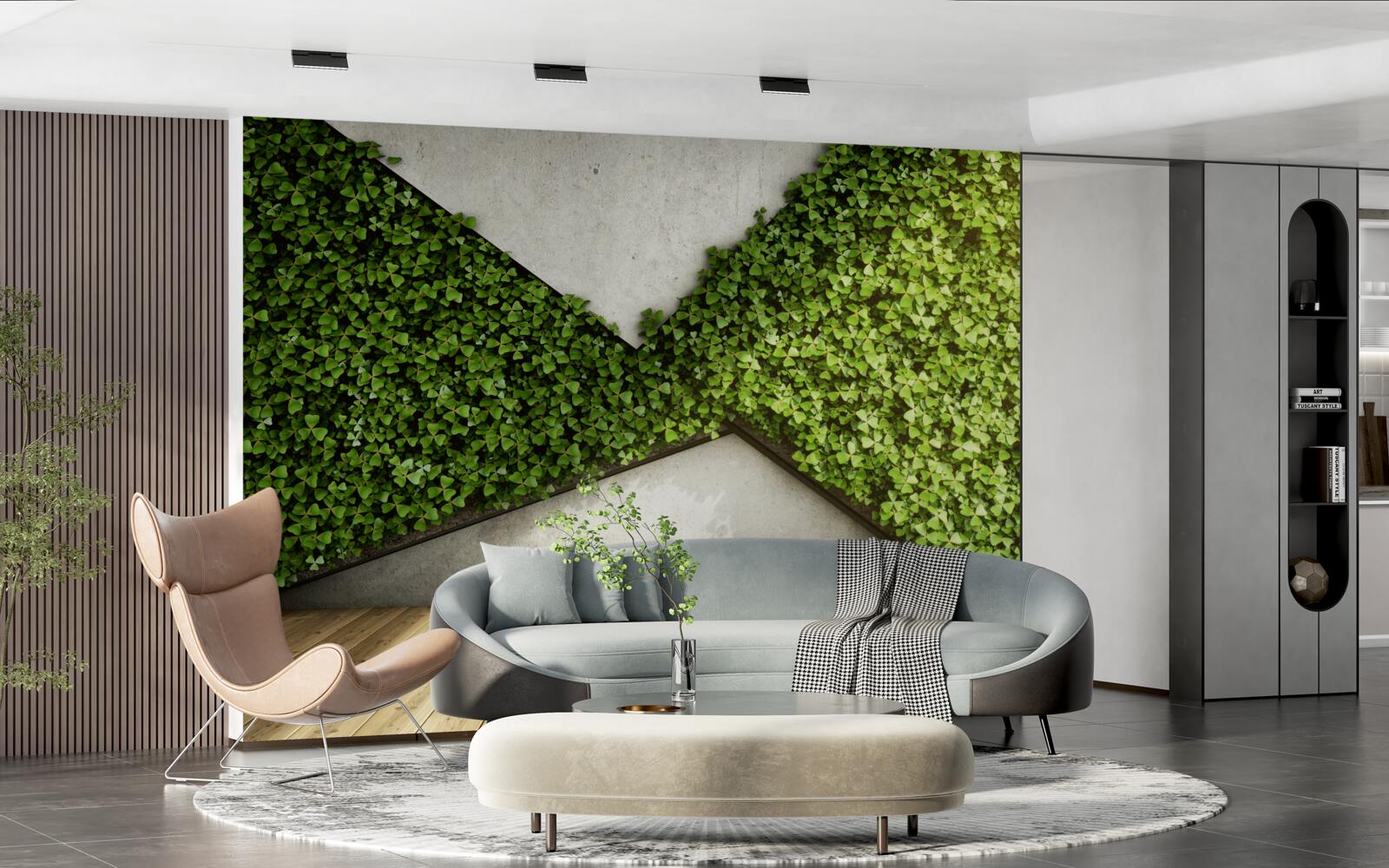 Papier peint parquet et murs décorés de plantes vivantes