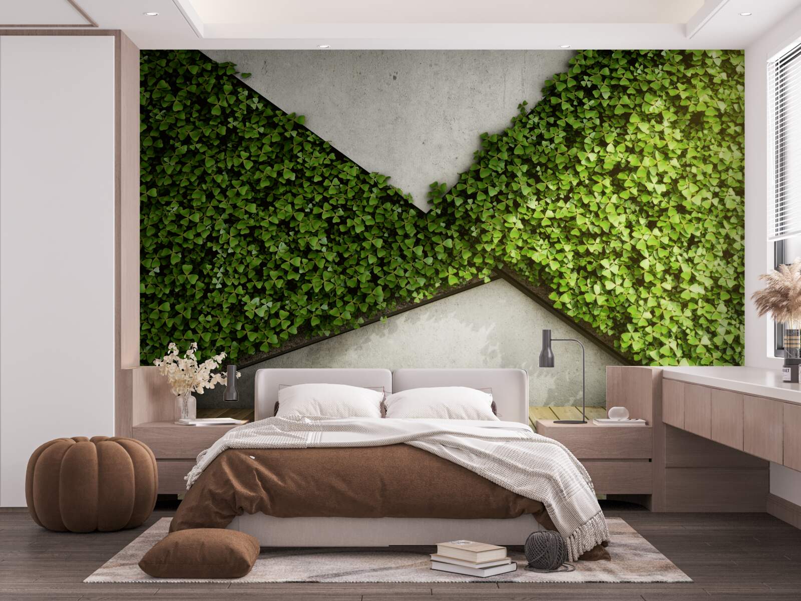 Papier peint parquet et murs décorés de plantes vivantes