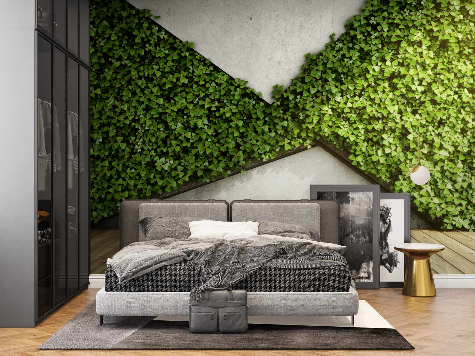 Papier peint parquet et murs décorés de plantes vivantes