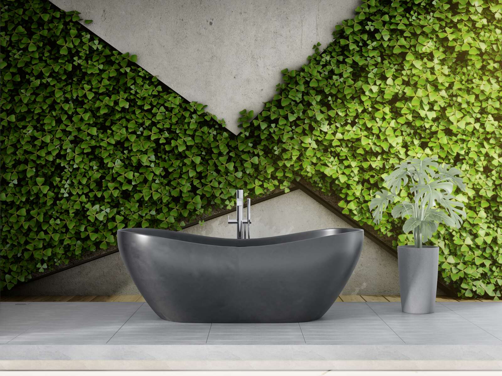 Papier peint parquet et murs décorés de plantes vivantes