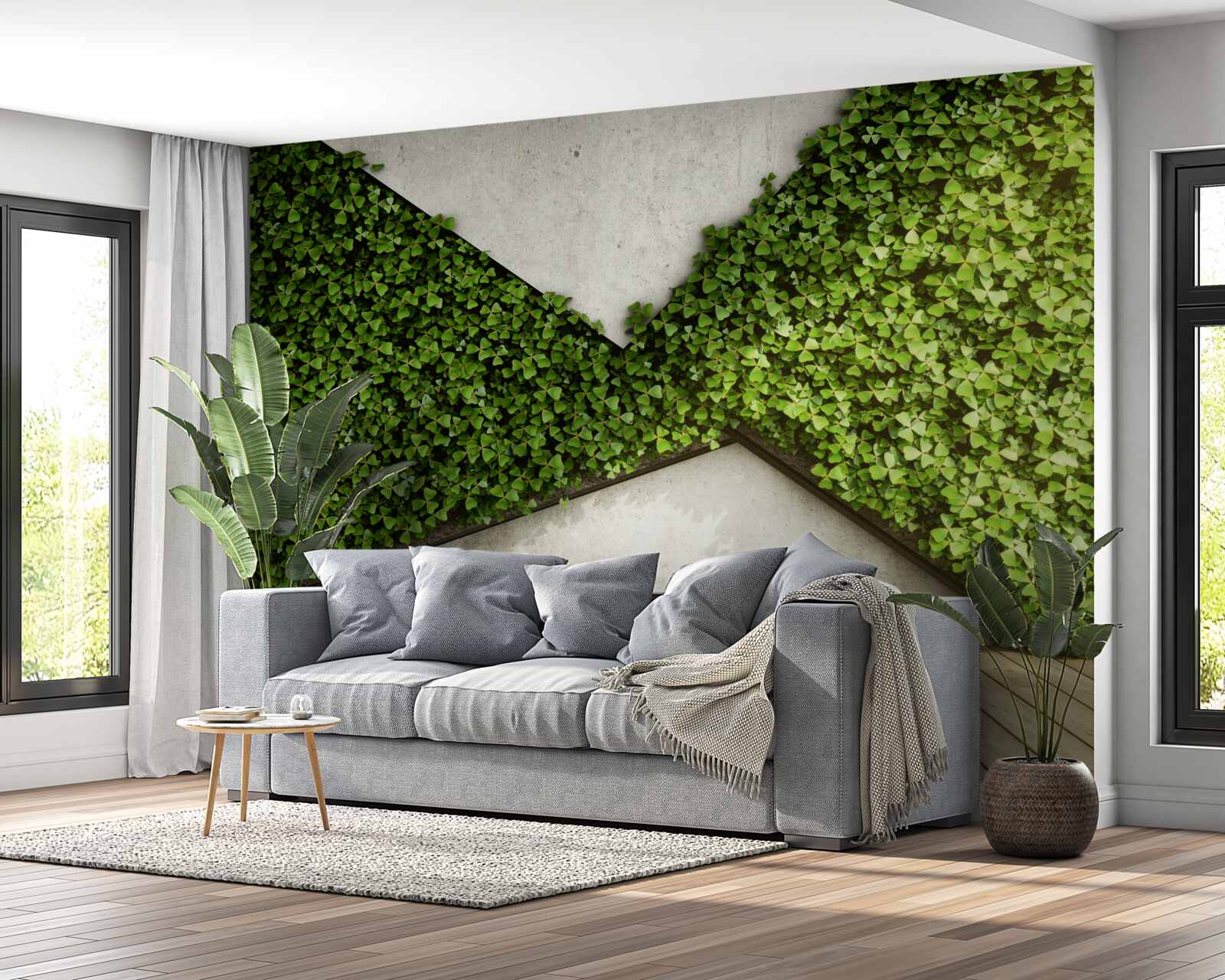 Papier peint parquet et murs décorés de plantes vivantes