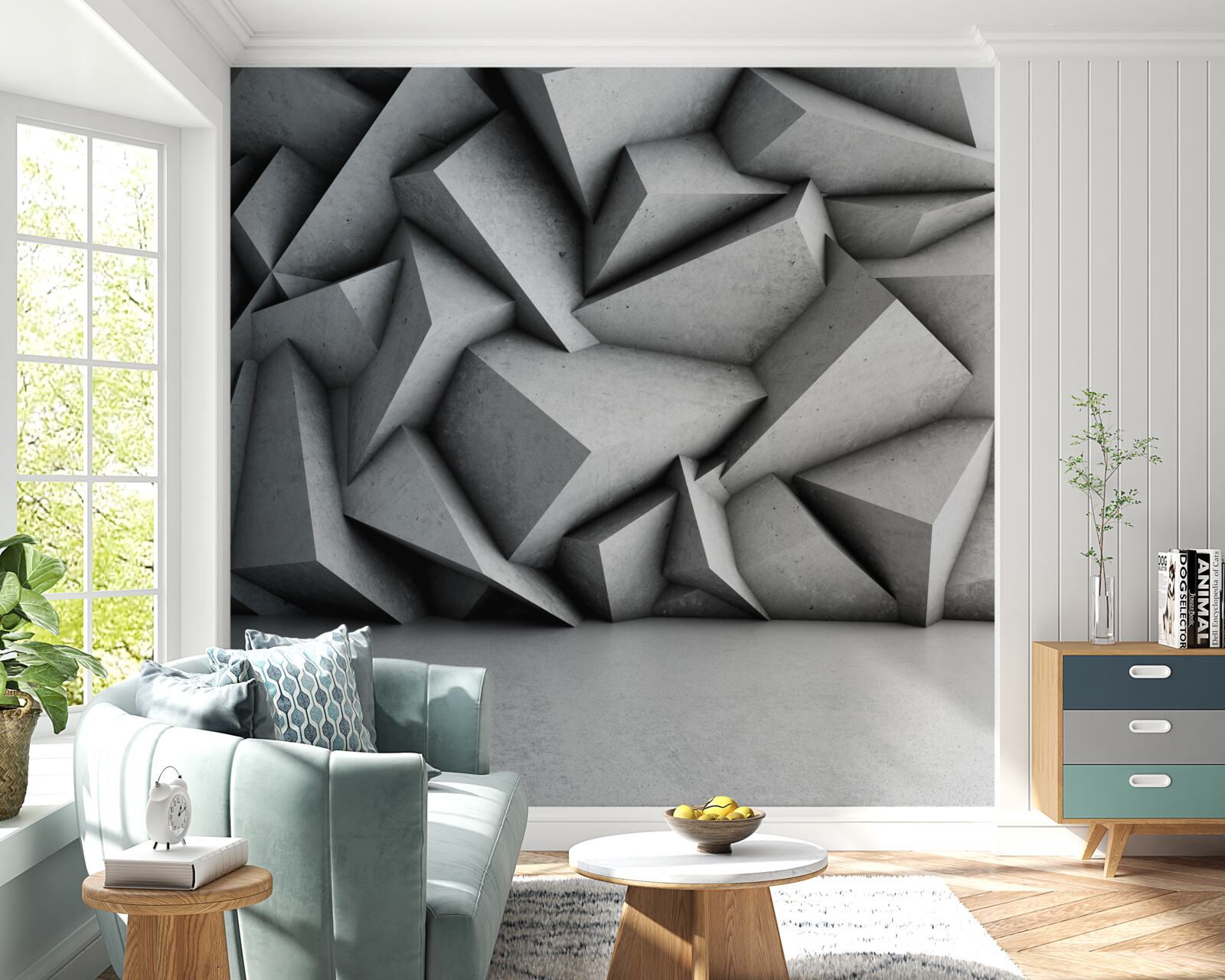 Papier peint grandes figures en 3d sur fond gris