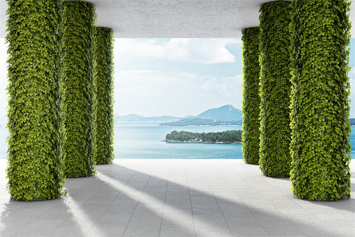 Papier peint colonnade dans la verdure menant à la mer