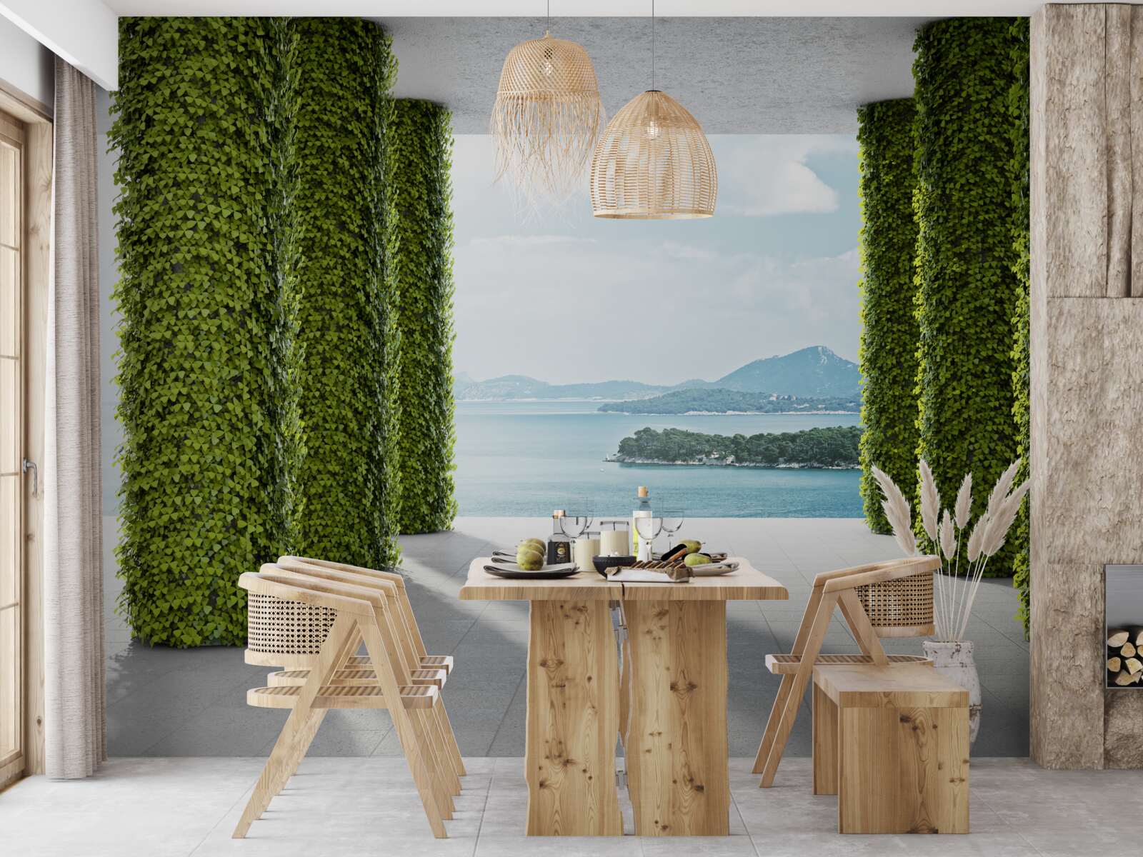 Papier peint colonnade dans la verdure menant à la mer