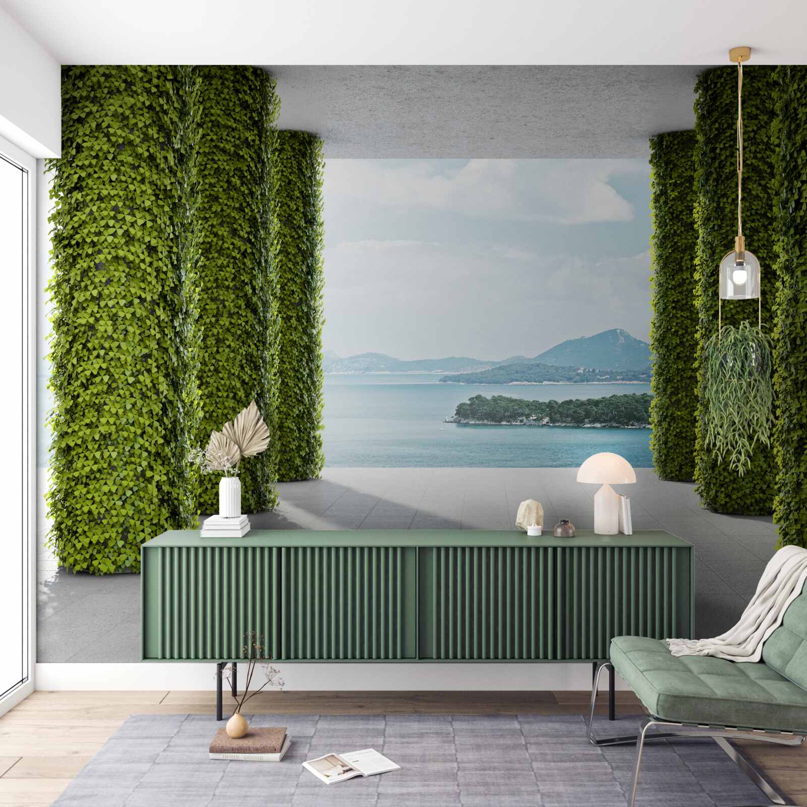 Papier peint colonnade dans la verdure menant à la mer