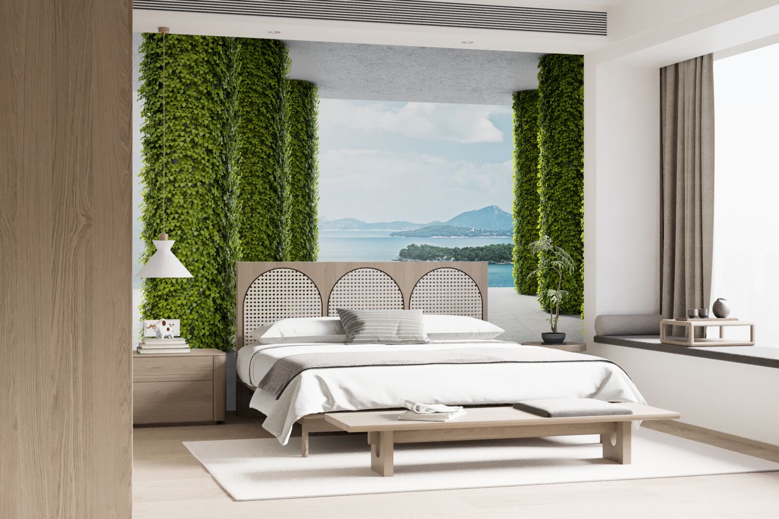 Papier peint colonnade dans la verdure menant à la mer