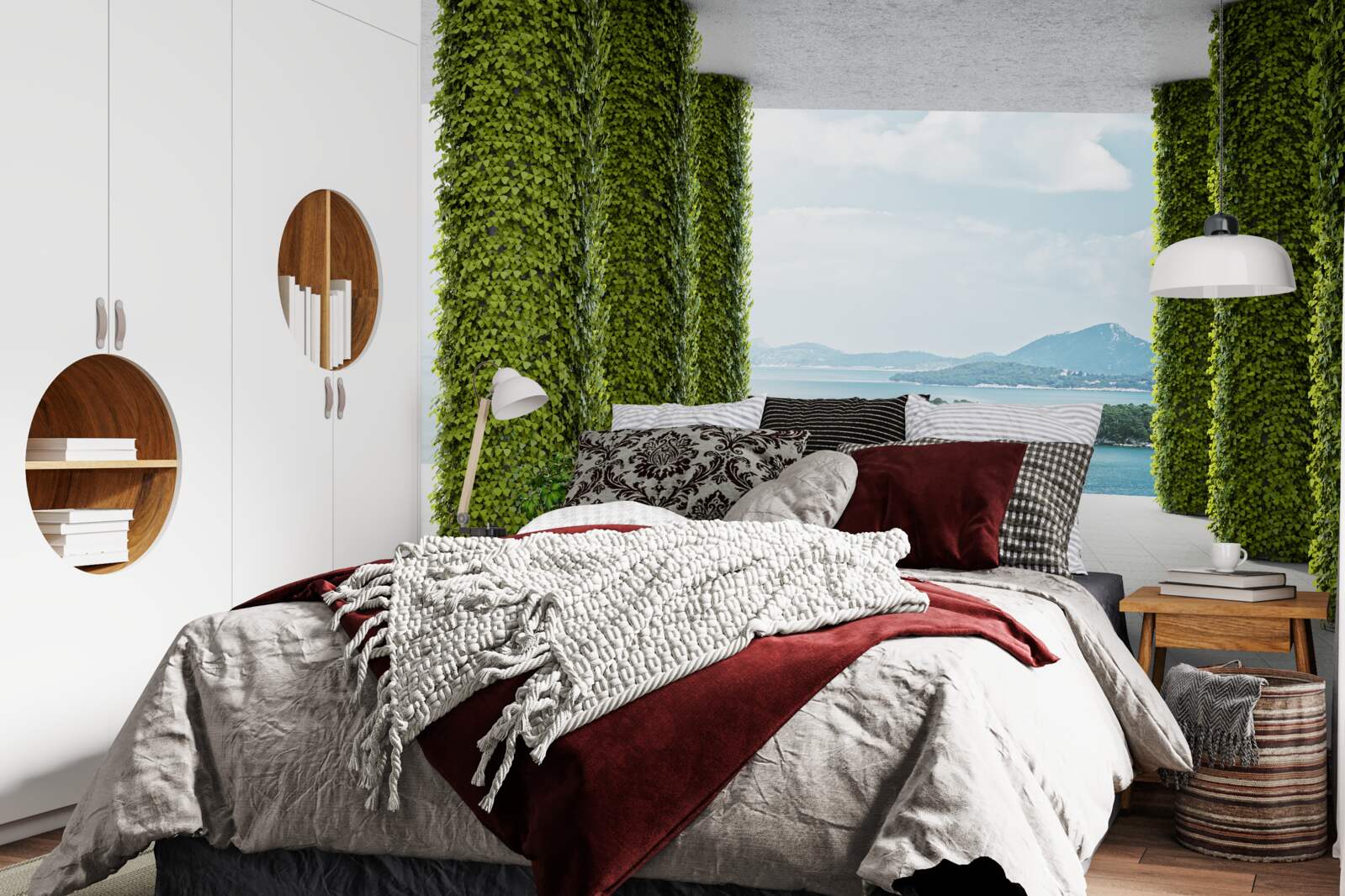 Papier peint colonnade dans la verdure menant à la mer