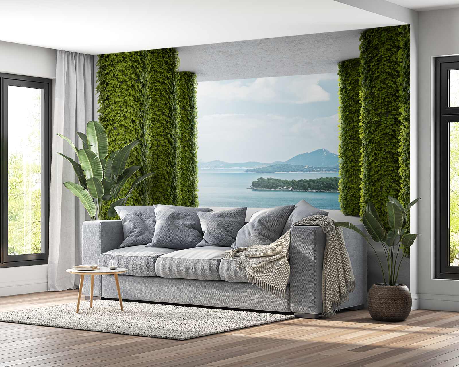 Papier peint colonnade dans la verdure menant à la mer