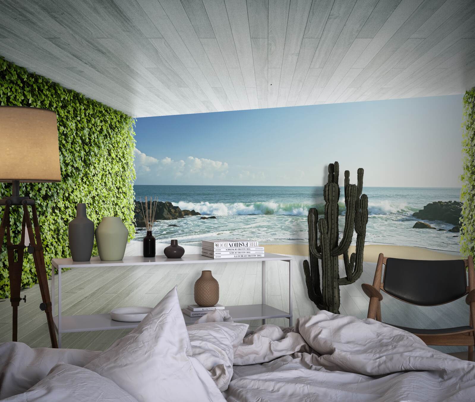 Papier peint élégant balcon dans les tons verts avec vue sur la côte