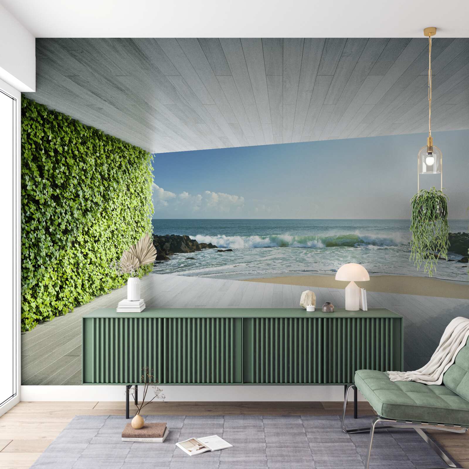 Papier peint élégant balcon dans les tons verts avec vue sur la côte