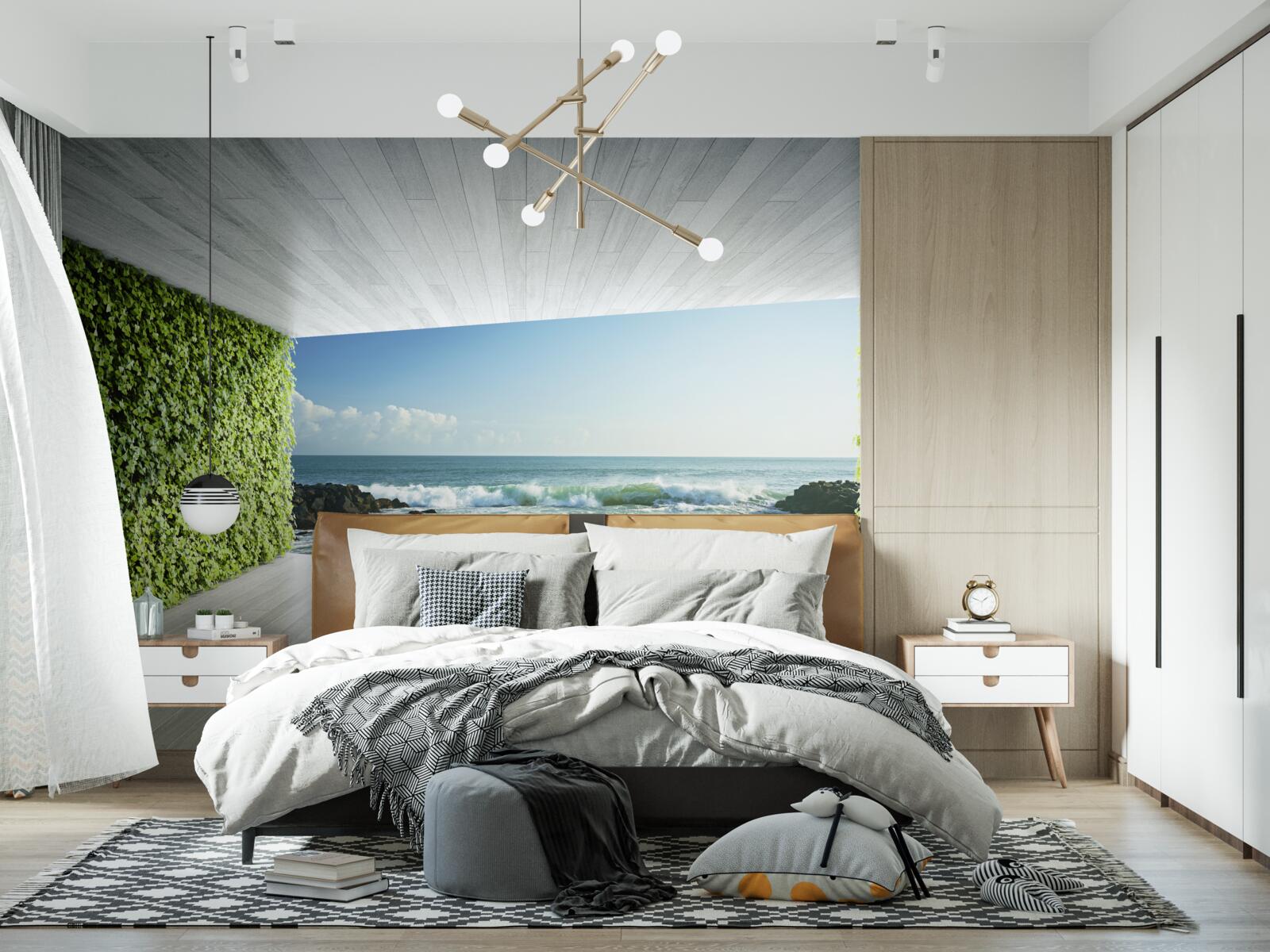 Papier peint élégant balcon dans les tons verts avec vue sur la côte