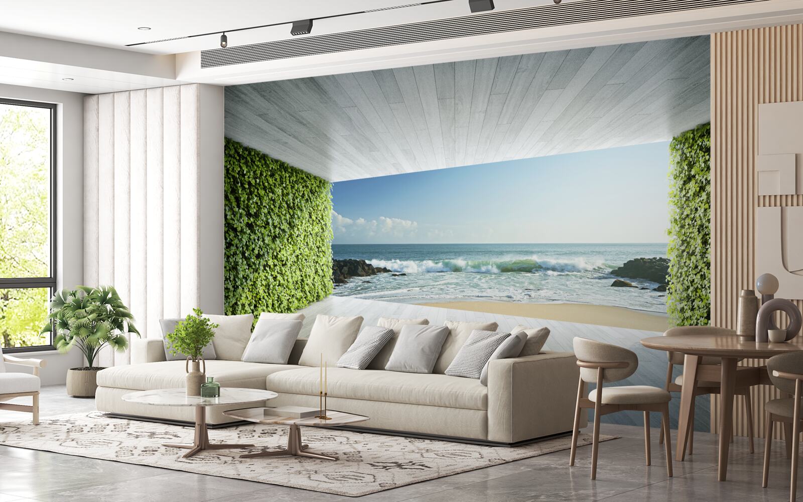 Papier peint élégant balcon dans les tons verts avec vue sur la côte