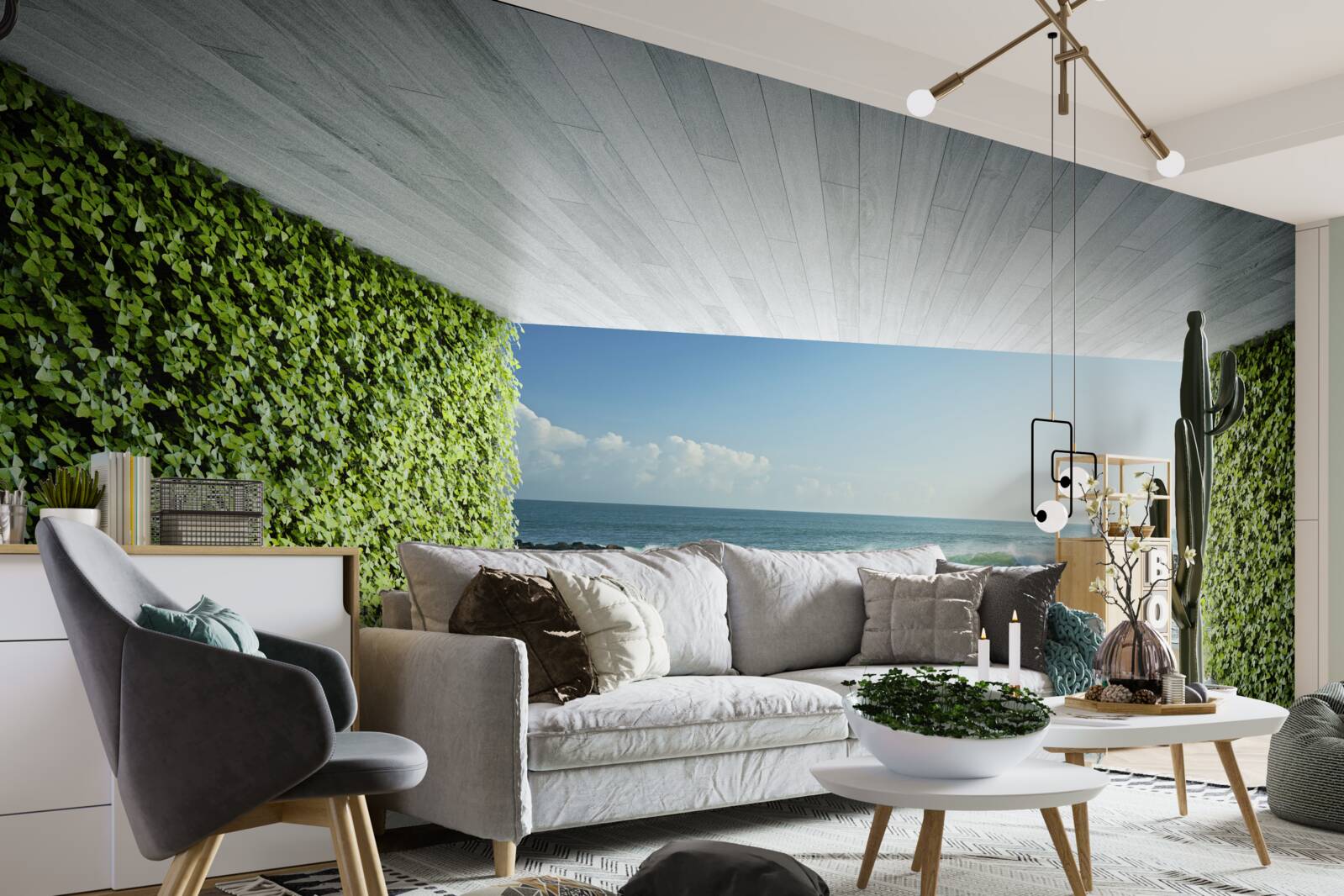 Papier peint élégant balcon dans les tons verts avec vue sur la côte