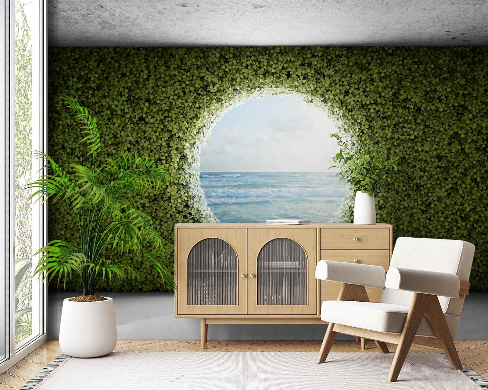 Papier peint Mur de plantes vertes avec ouverture circulaire