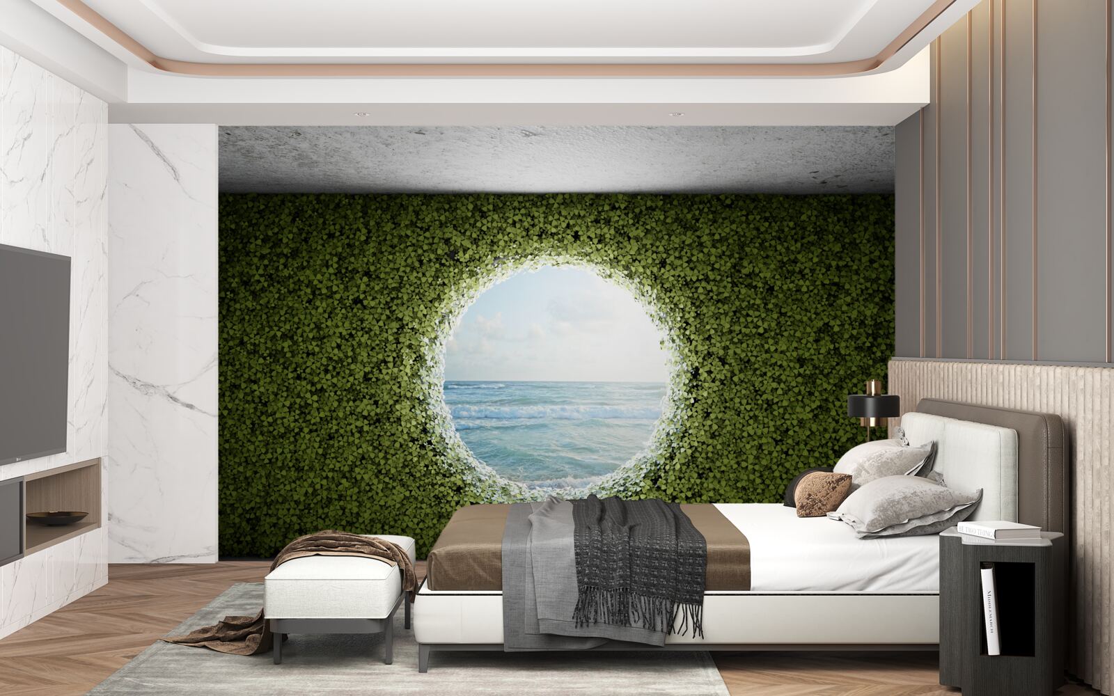 Papier peint Mur de plantes vertes avec ouverture circulaire