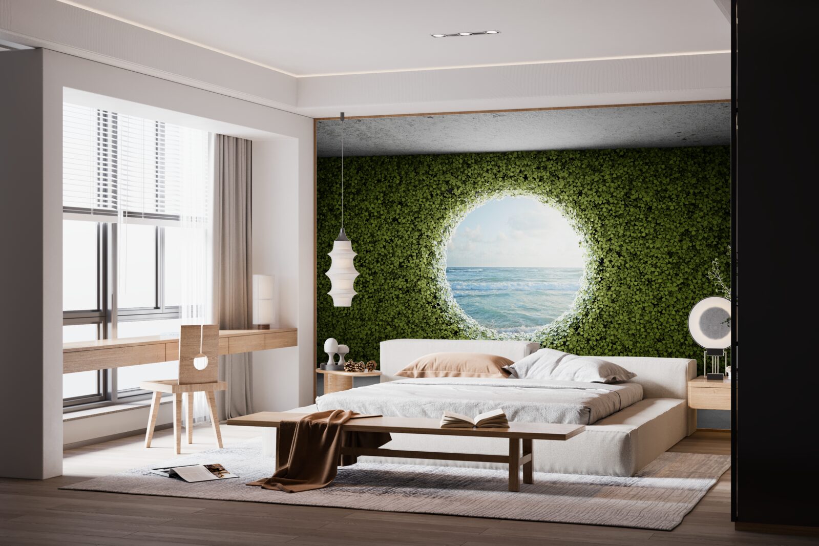 Papier peint Mur de plantes vertes avec ouverture circulaire