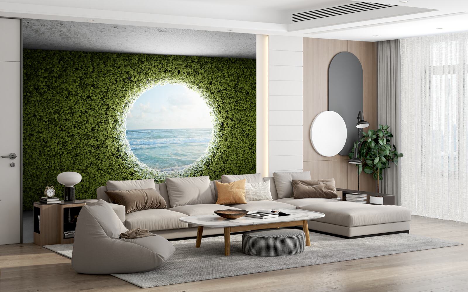 Papier peint Mur de plantes vertes avec ouverture circulaire