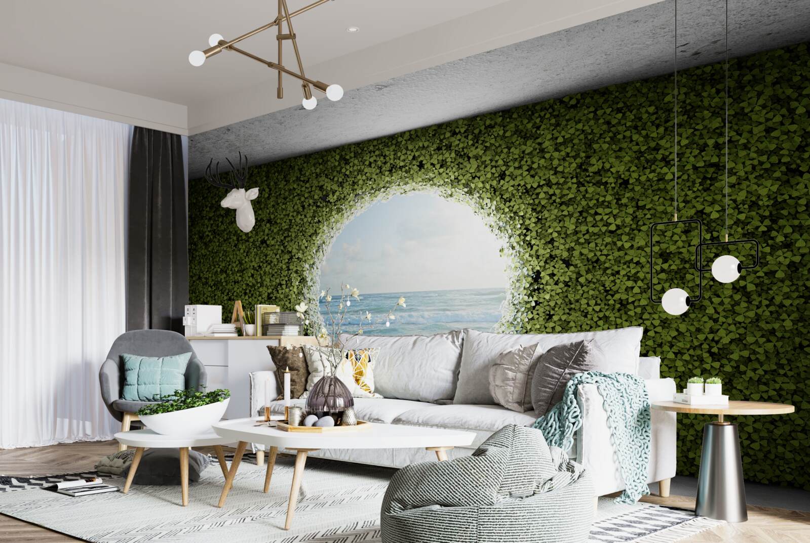 Papier peint Mur de plantes vertes avec ouverture circulaire