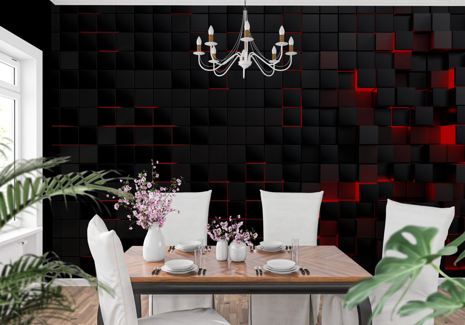 Papier peint mur noir texturé éclairé par une lumière rouge et décoré de carrés