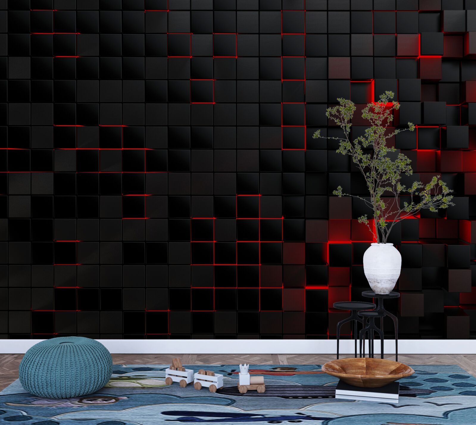 Papier peint mur noir texturé éclairé par une lumière rouge et décoré de carrés