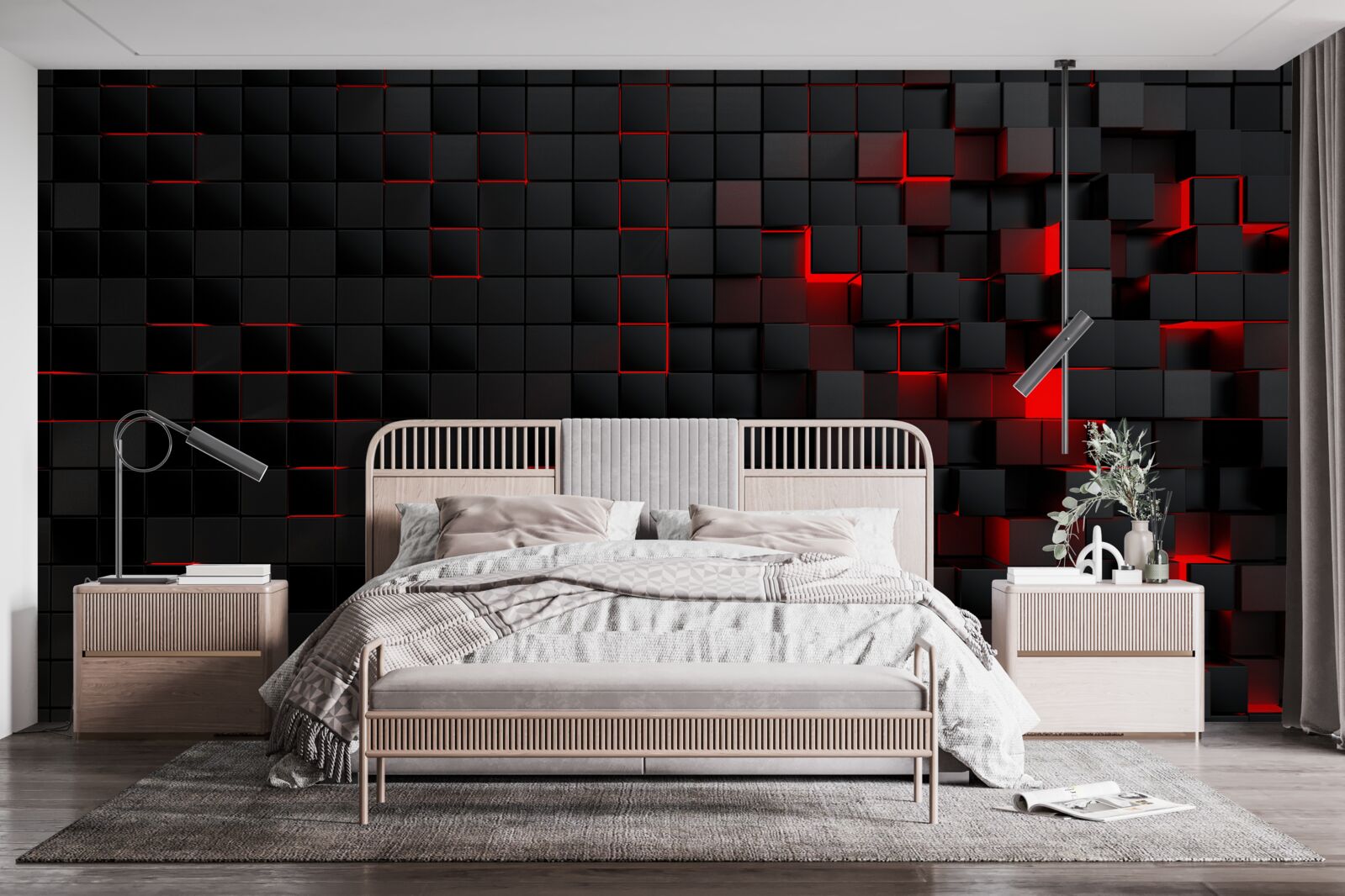 Papier peint mur noir texturé éclairé par une lumière rouge et décoré de carrés