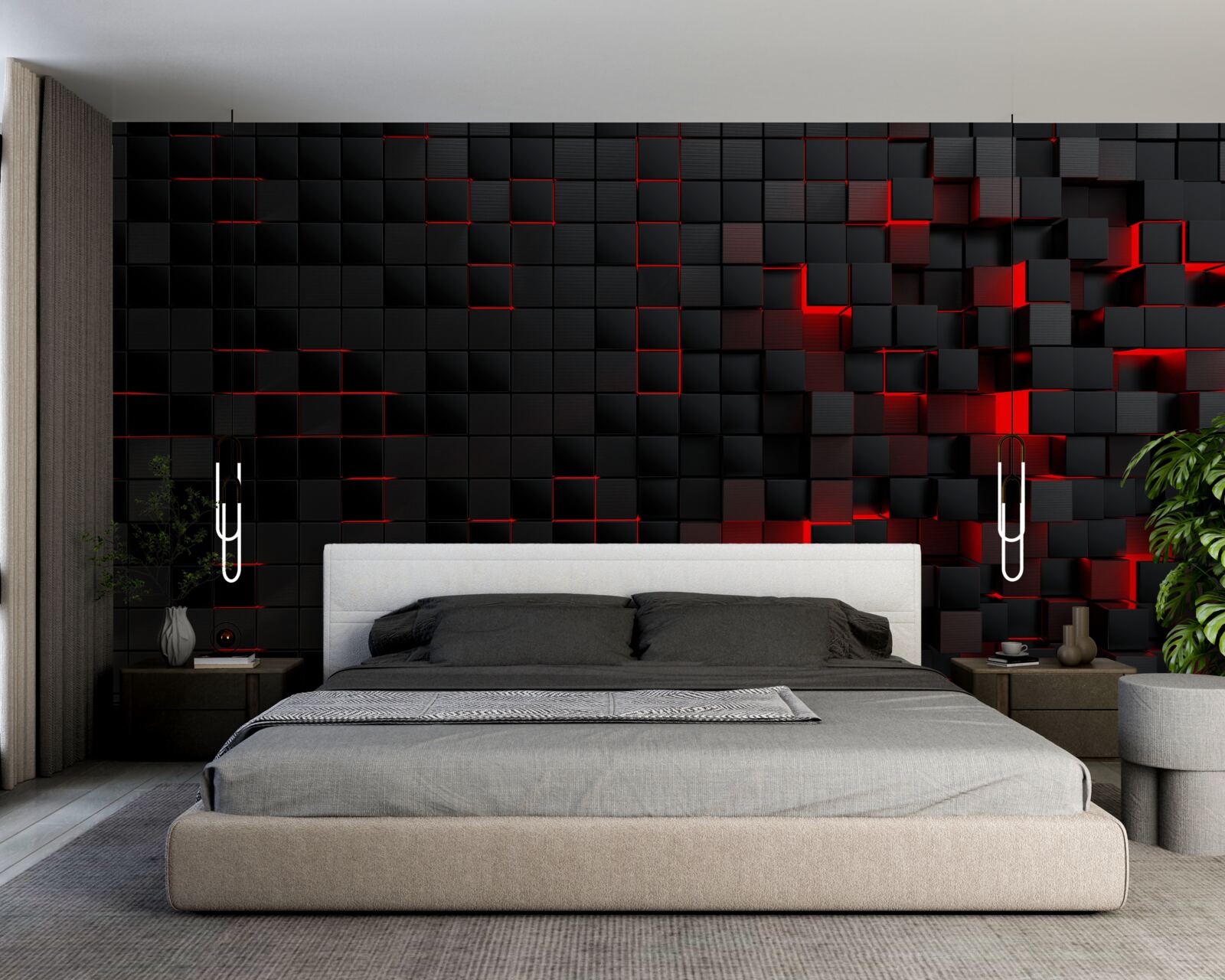 Papier peint mur noir texturé éclairé par une lumière rouge et décoré de carrés