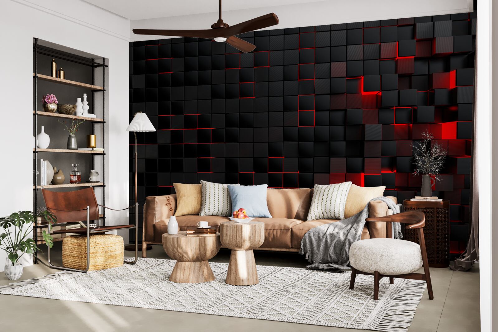 Papier peint mur noir texturé éclairé par une lumière rouge et décoré de carrés