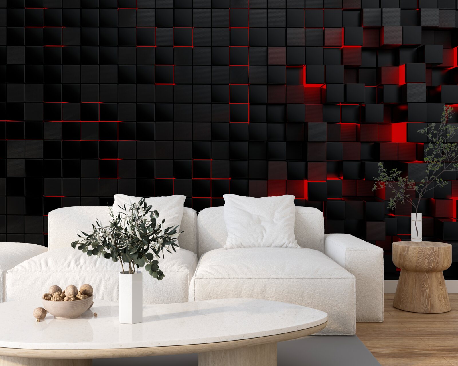 Papier peint mur noir texturé éclairé par une lumière rouge et décoré de carrés