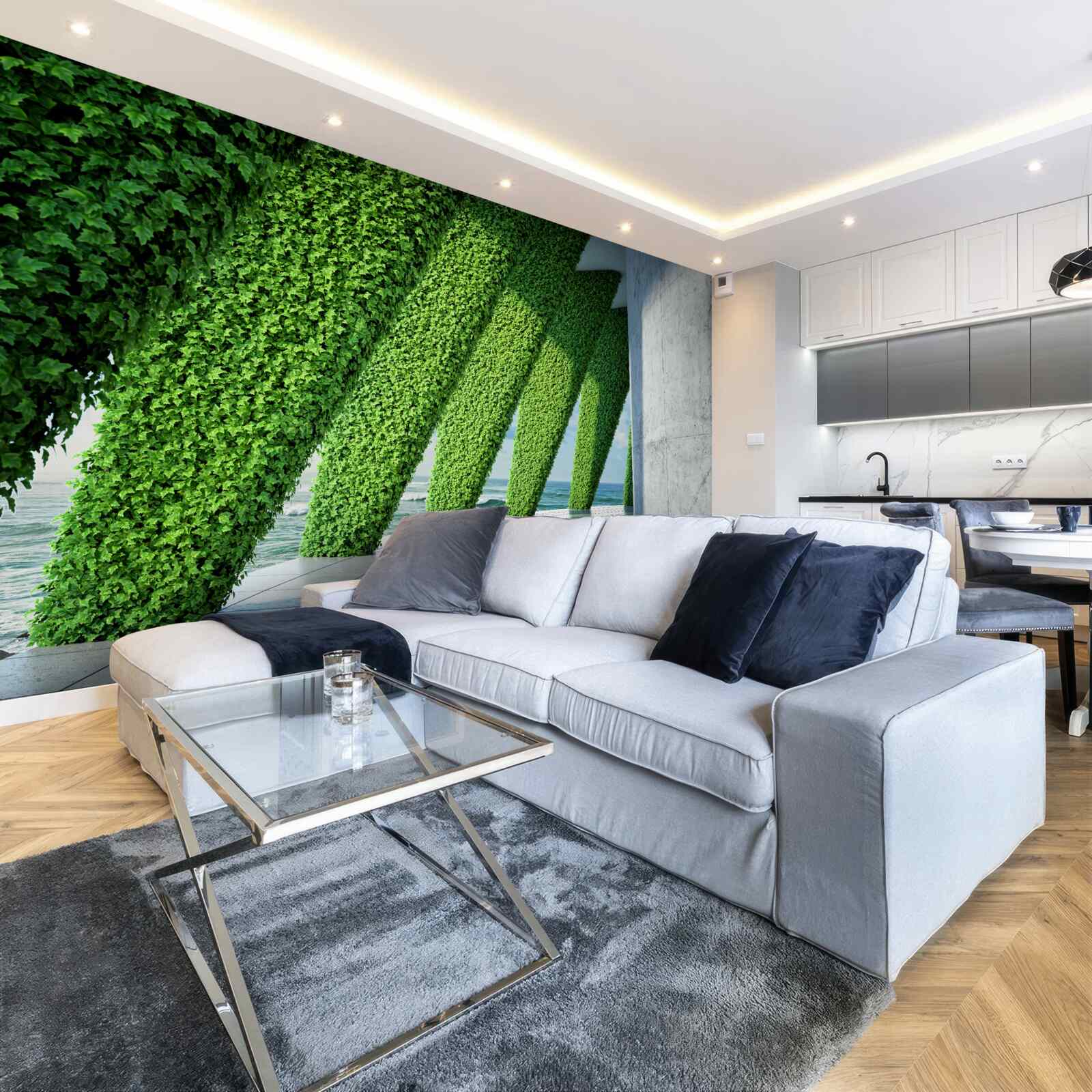 Papier peint il y a des plantes vertes sur les piliers du couloir