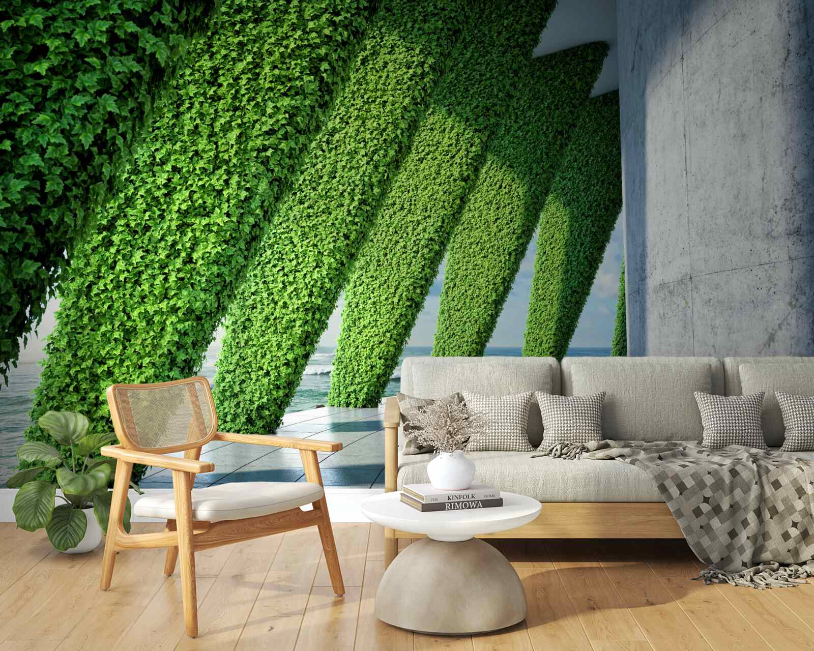 Papier peint il y a des plantes vertes sur les piliers du couloir