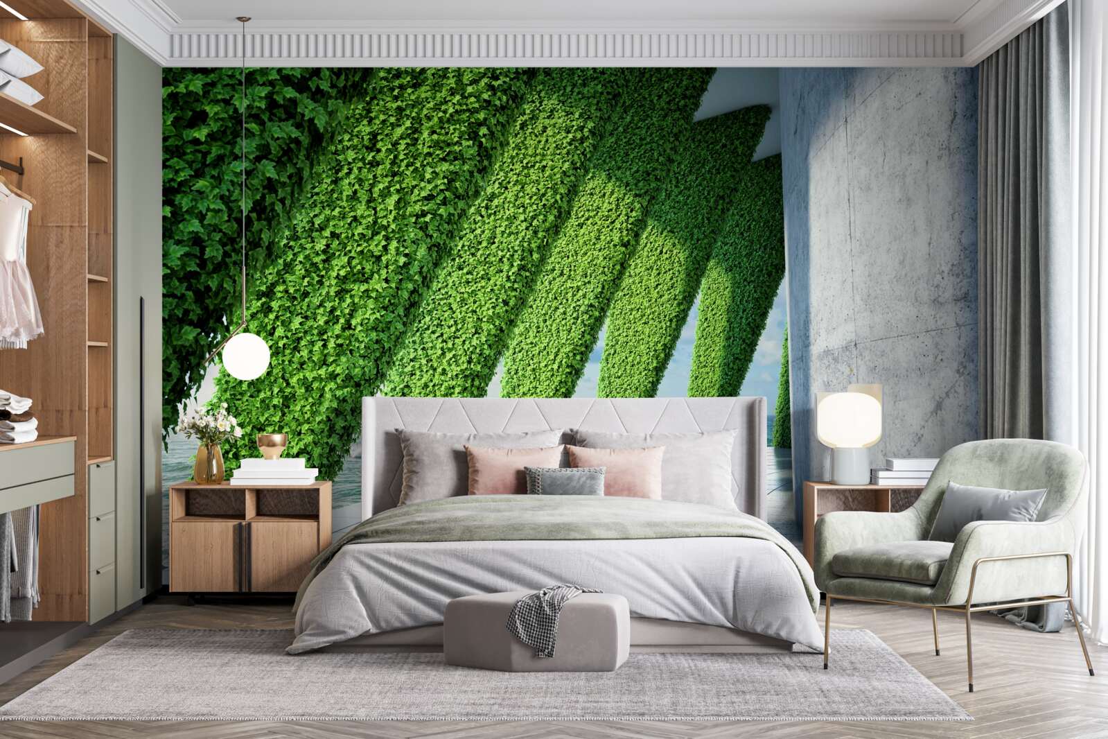 Papier peint il y a des plantes vertes sur les piliers du couloir