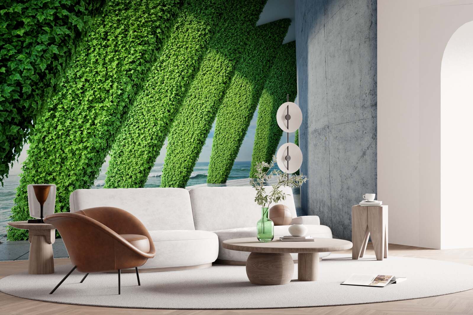 Papier peint il y a des plantes vertes sur les piliers du couloir