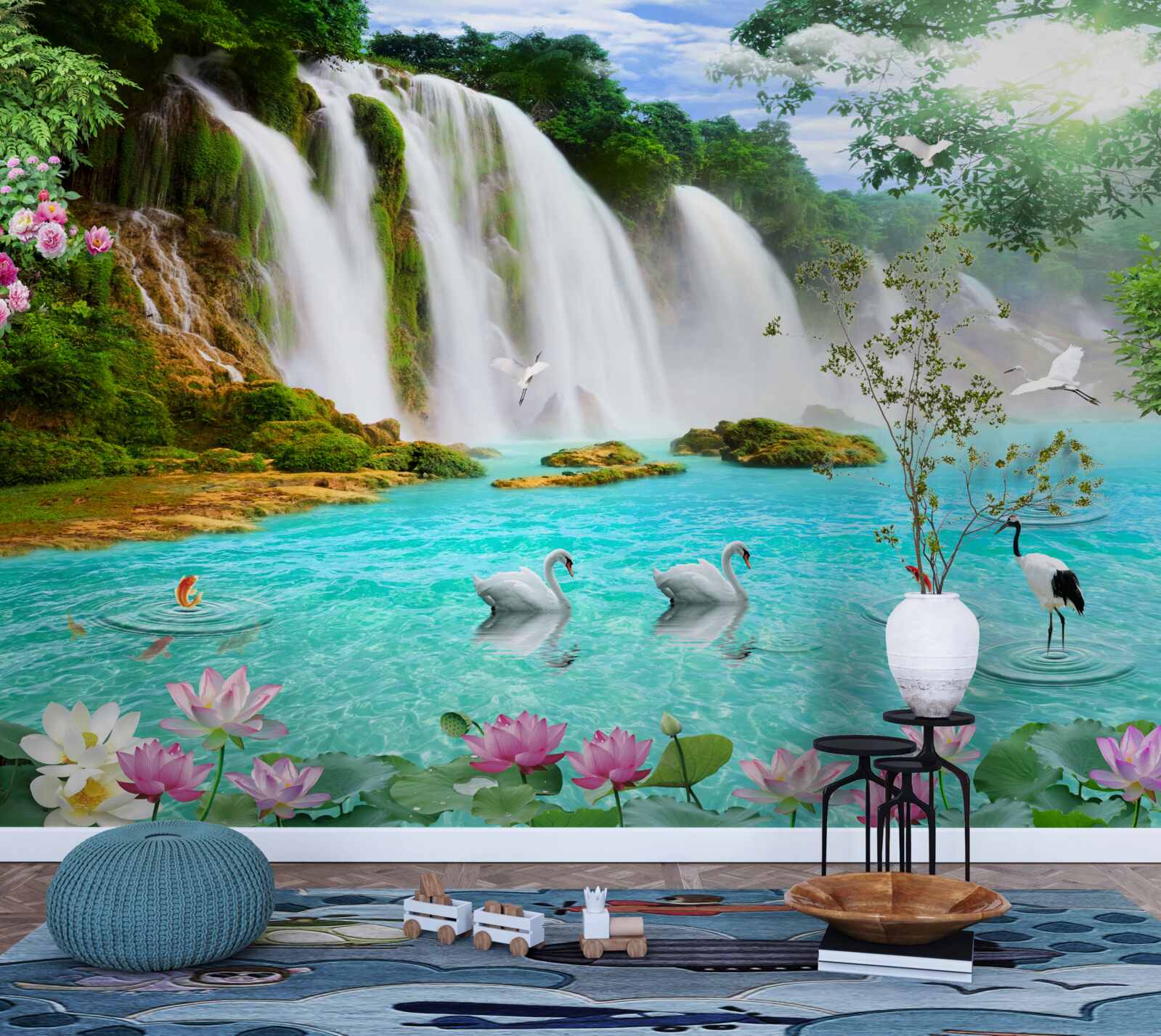 Papier peint l'eau de la cascade du cygne est d'un bleu cristallin