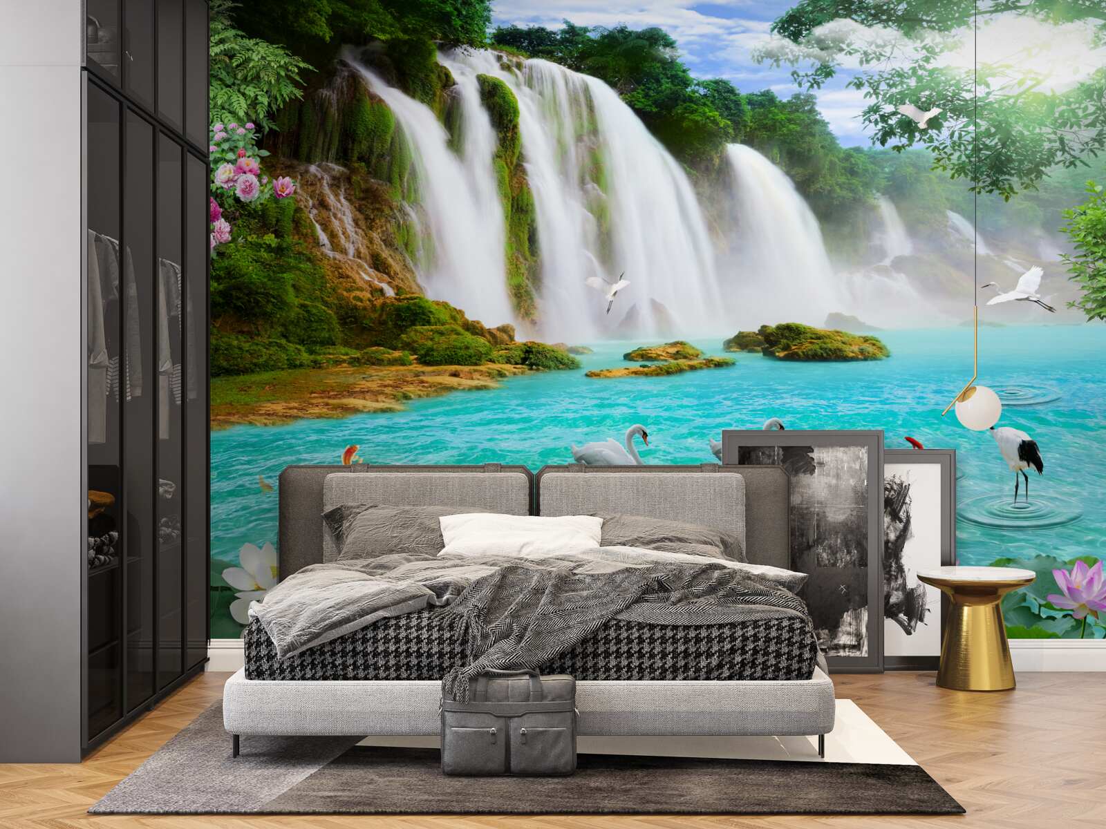 Papier peint l'eau de la cascade du cygne est d'un bleu cristallin