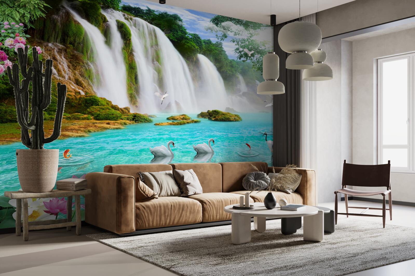 Papier peint l'eau de la cascade du cygne est d'un bleu cristallin