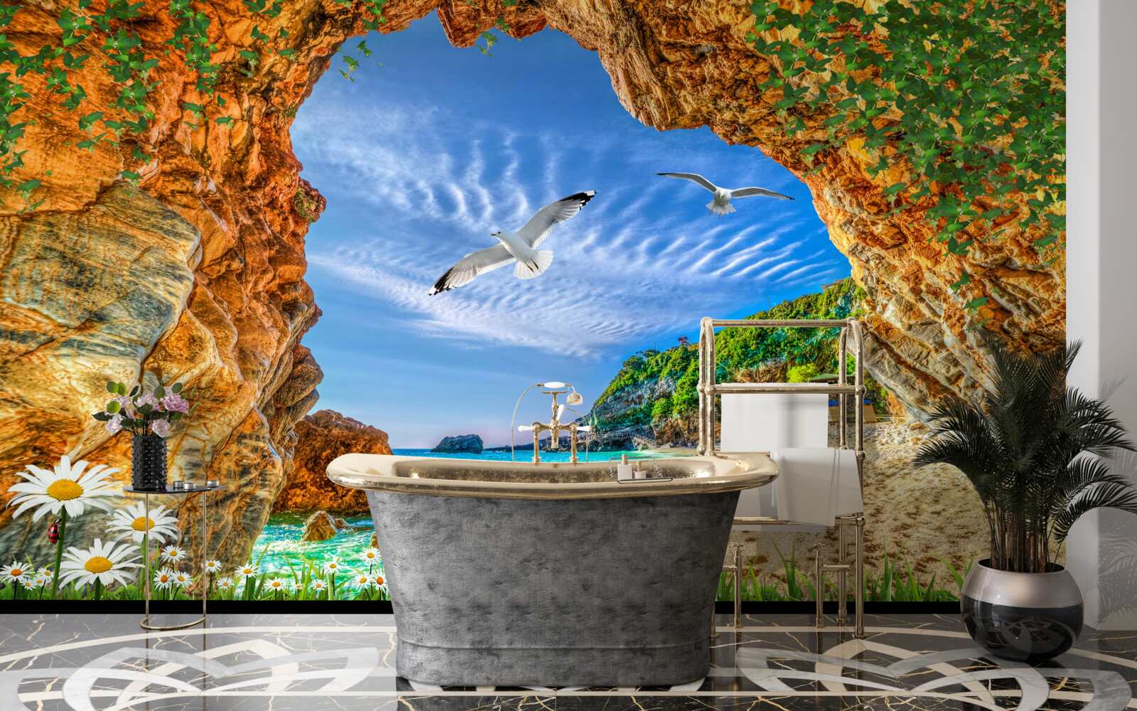 Papier peint Un regard sur l'océan et le vol des choucas